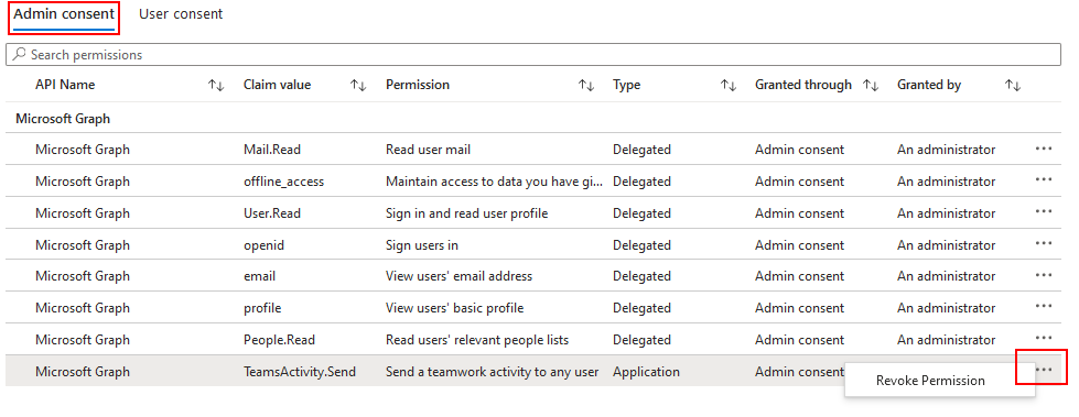 Captura de pantalla que muestra la opción de revocar un permiso de Graph de una aplicación desde el Centro de administración de Microsoft Entra.