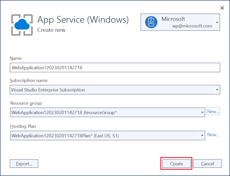 Crear cuadro de diálogo de App Service