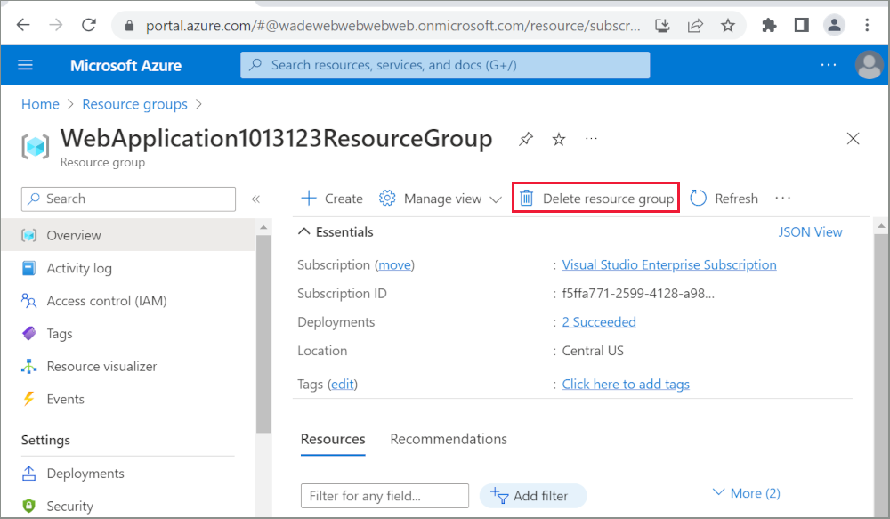 Azure Portal: página Grupos de recursos