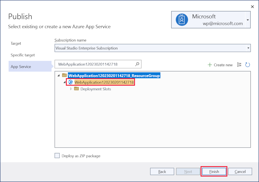 Cuadro de diálogo Publicar: seleccione instancia de App Service