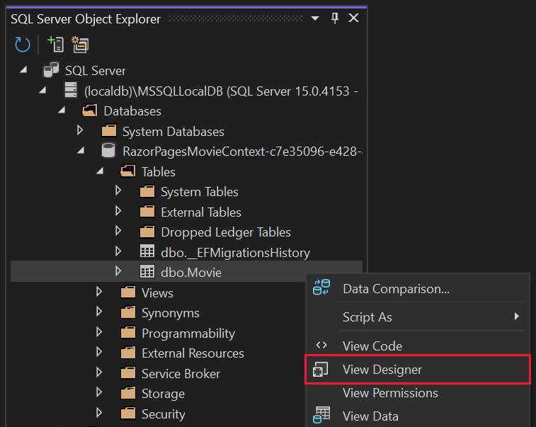 Menús contextuales abiertos en la tabla Movie