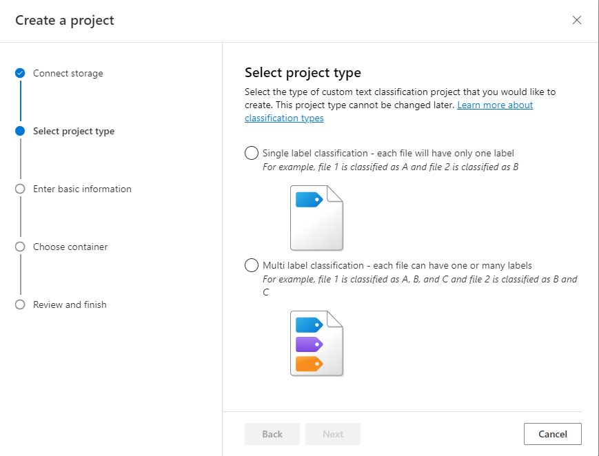 Captura de pantalla de los tipos de proyecto de clasificación personalizado disponibles.