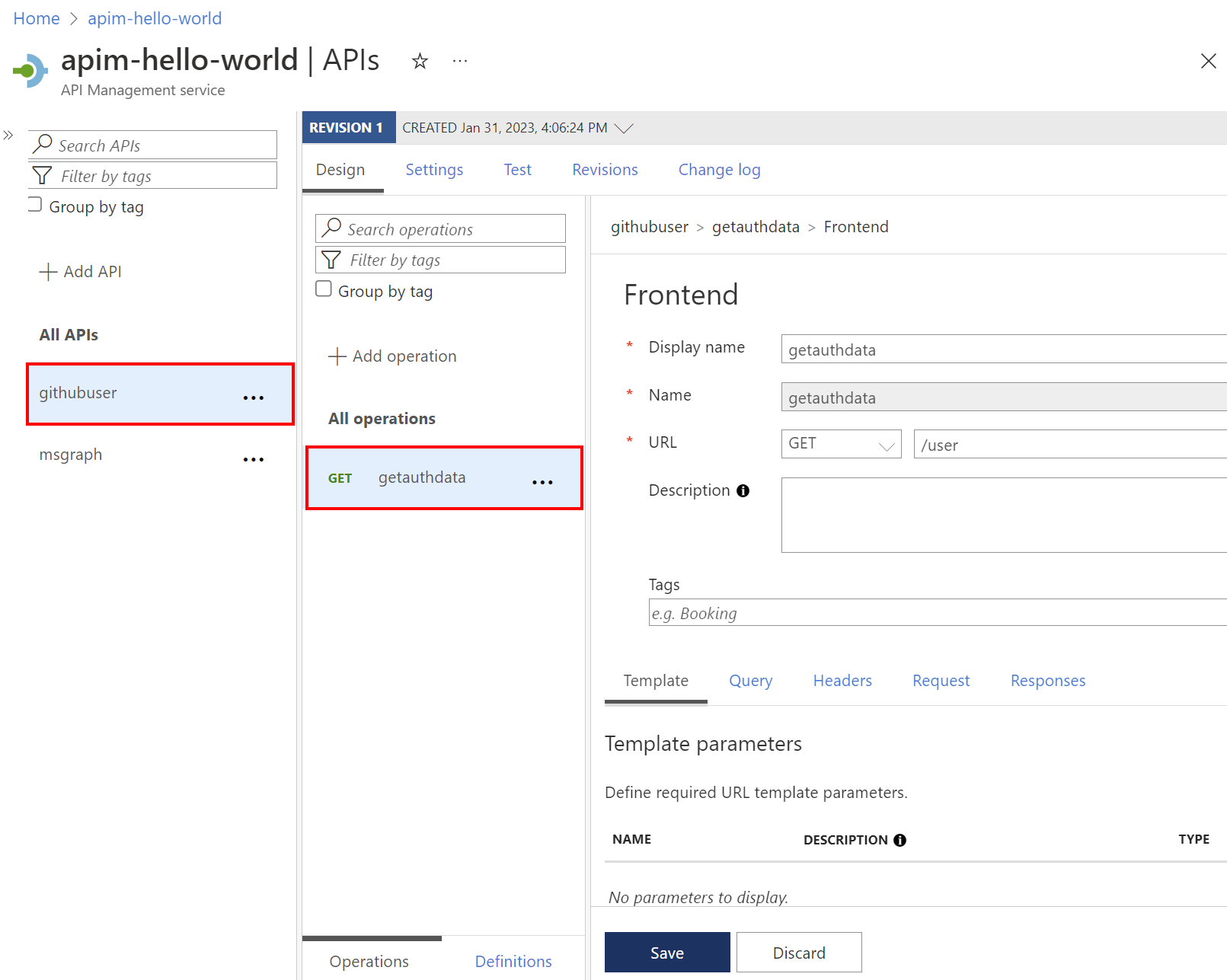 Captura de pantalla que muestra la incorporación de la operación getauthdata para la API en el portal.