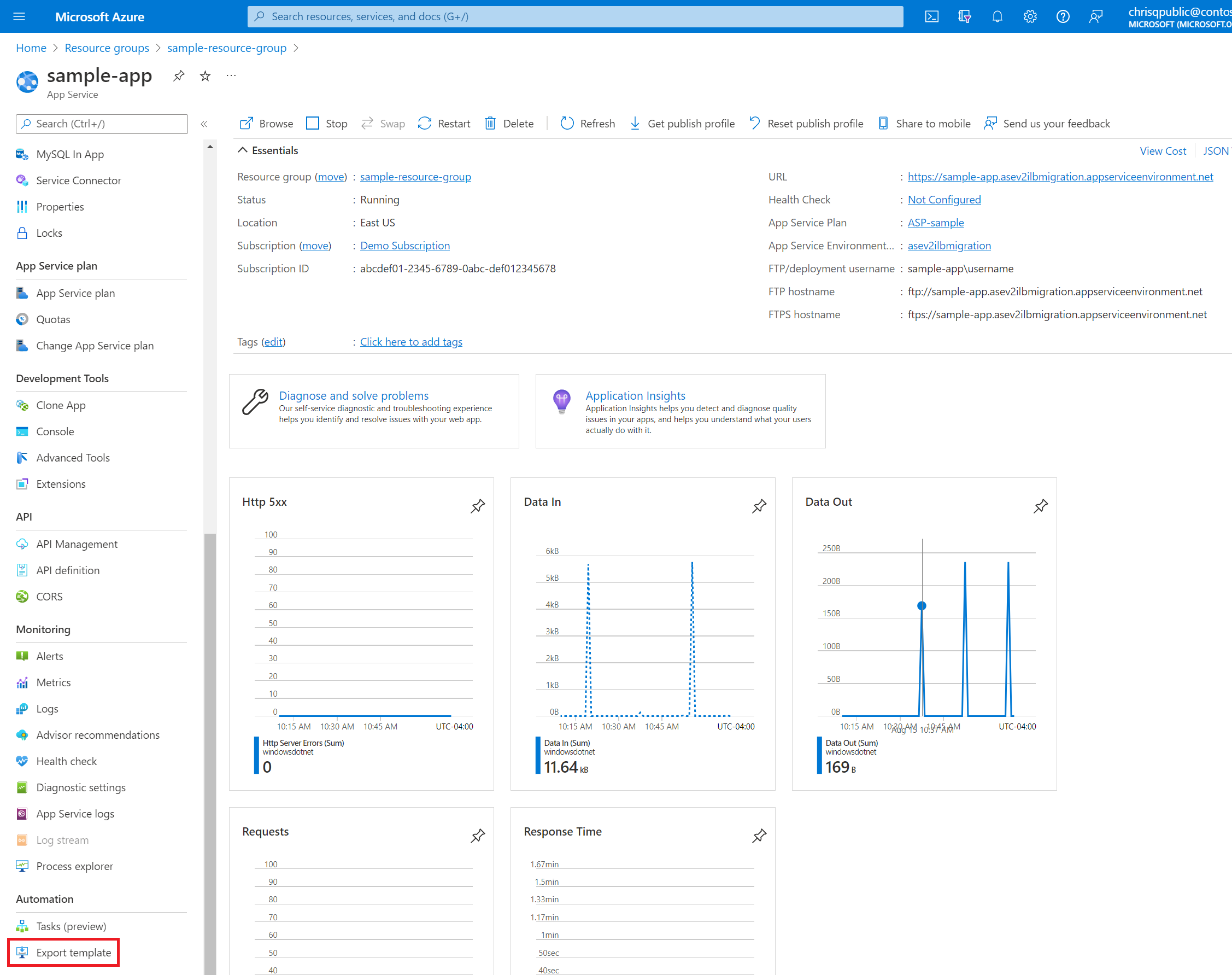 Recorte de pantalla de la opción para exportar una plantilla en el panel izquierdo de Azure Portal.