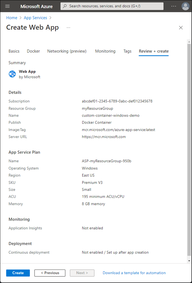 Captura de pantalla que muestra cómo crear la aplicación web para contenedores.