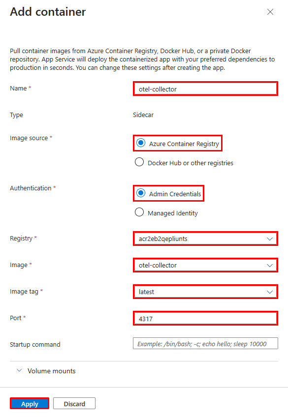 Captura de pantalla que muestra cómo configurar un contenedor sidecar en el centro de implementación de una aplicación web.