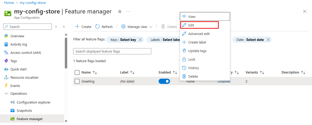 Captura de pantalla del portal de Azure, editando un indicador de característica.
