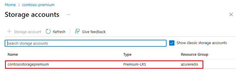 Recorte de pantalla en el que se muestra una lista de cuentas de almacenamiento.