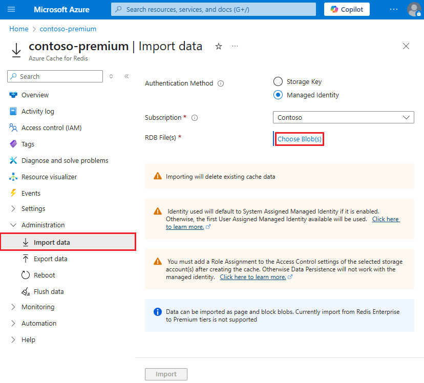 Captura de pantalla que muestra la página Importar datos con la opción Elegir Blob(s) seleccionada.