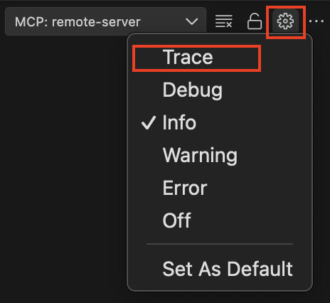 Captura de pantalla de la configuración del servidor MCP que muestra el nivel de registro _Trace_ seleccionado. 