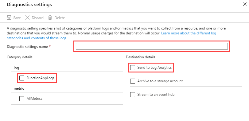 Captura de pantalla de la adición de una configuración de diagnóstico para Azure Functions.