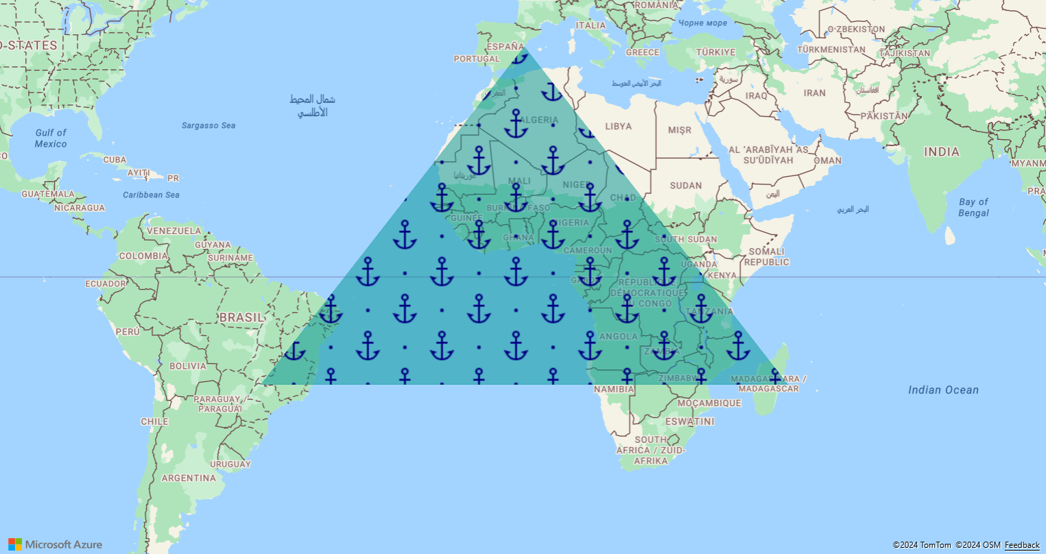 Instantánea de un mapa que muestra una capa poligonal en forma de un gran triángulo verde con múltiples imágenes de anclajes azules en su interior.