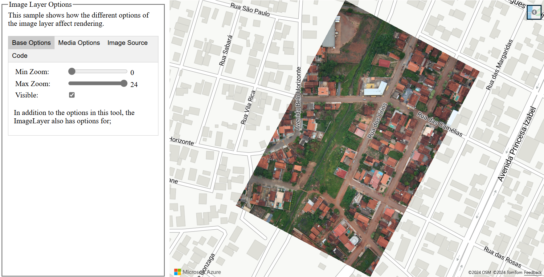 Captura de pantalla que muestra un mapa con un panel que tiene la diferentes opciones de la capa de imagen que afectan a la representación. En este ejemplo, puede cambiar las opciones de estilo y ver qué efecto tiene esto en el mapa.