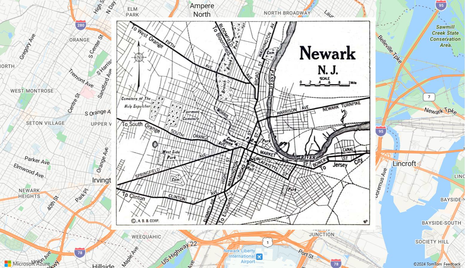 Captura de pantalla que muestra un mapa con una imagen de un mapa de Newark New Jersey de 1922 como una capa de imagen.