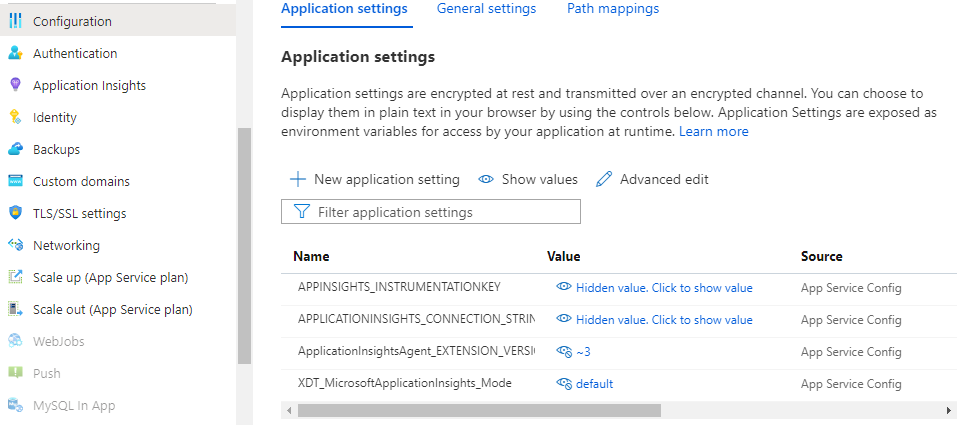 Captura de pantalla de la configuración de la aplicación de App Service con la configuración de Application Insights disponible.