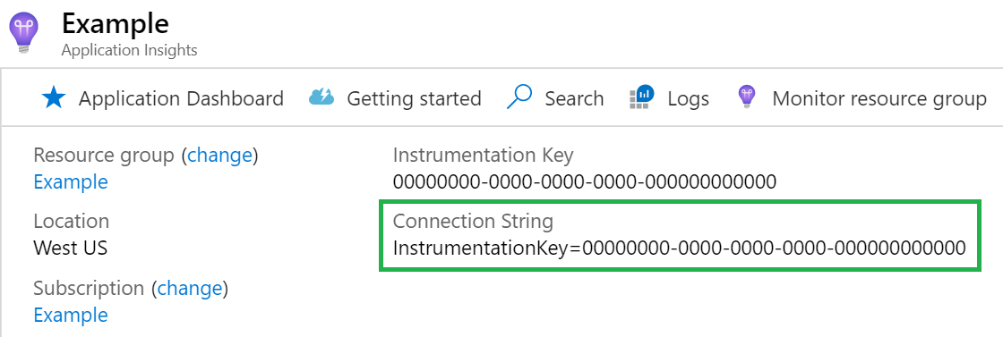 Captura de pantalla que muestra una cadena de conexión de Application Insights.