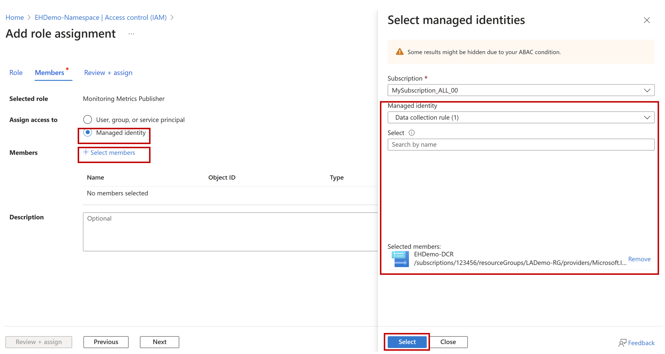 Screenshot that shows how to assign access to managed identity.