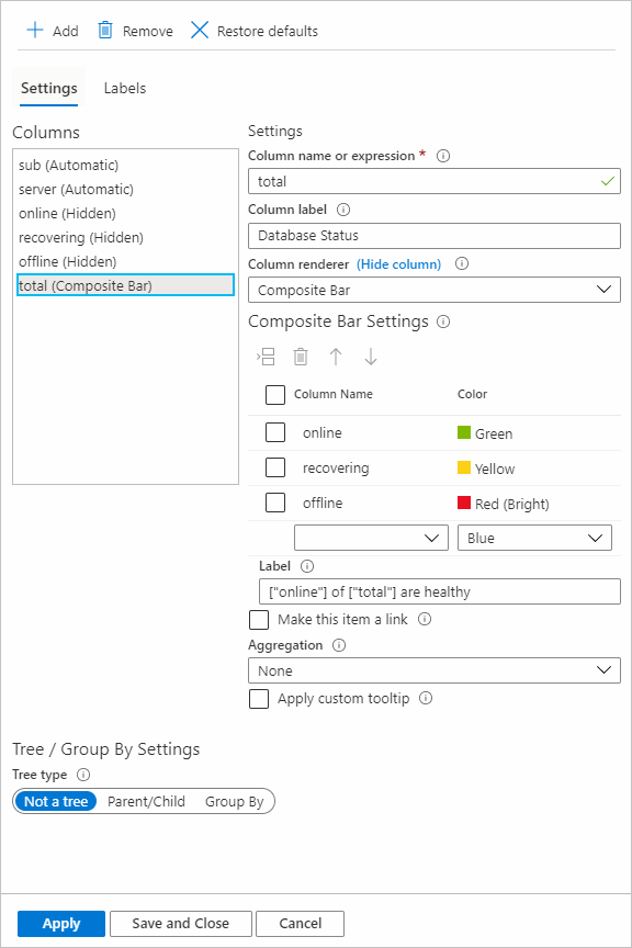 Captura de pantalla que muestra la configuración de columna de barra compuesta con la configuración anterior.