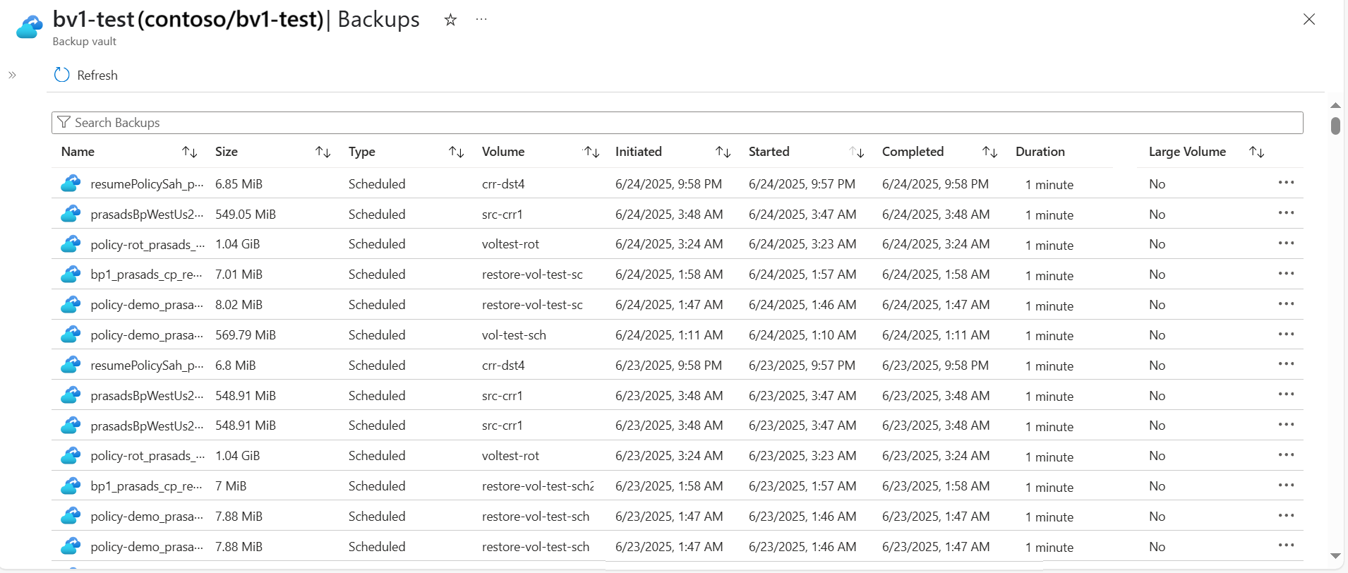 Captura de pantalla que muestra una lista de copias de seguridad en una bóveda.