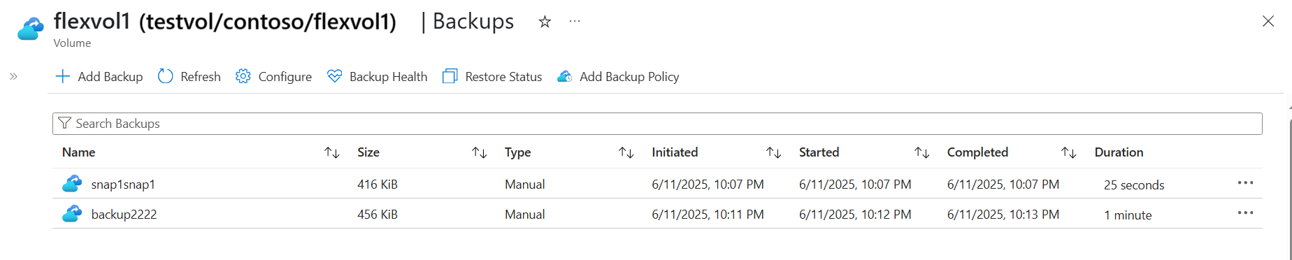 Captura de pantalla que muestra una lista de copias de seguridad de un volumen.