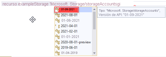 Captura de pantalla de la selección de la versión de la API para el tipo de recurso.