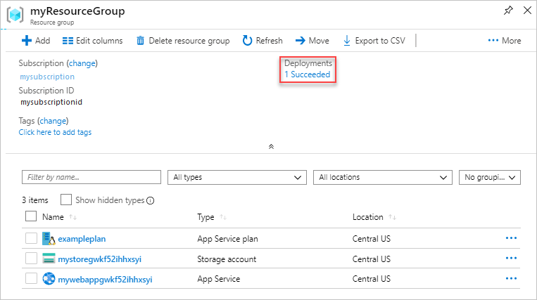 Captura de pantalla que muestra el historial de implementación seleccionado en Azure Portal.