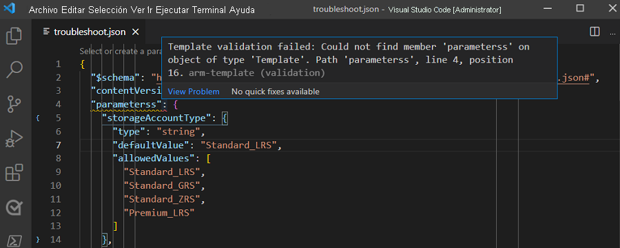 Captura de pantalla de Visual Studio Code resaltando un error de validación de plantilla con una línea ondulada roja debajo de 