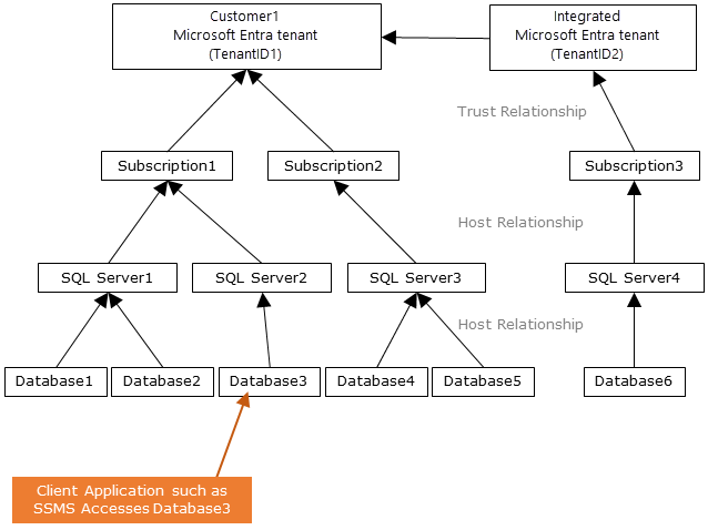 Diagrama que muestra la relación entre suscripciones en la configuración de Microsoft Entra.