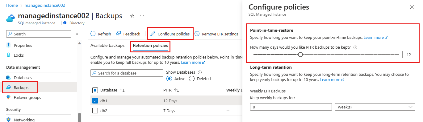 Captura de pantalla de la configuración de la copia de seguridad del Azure Portal para cambiar la retención de PITR para la instancia administrada.