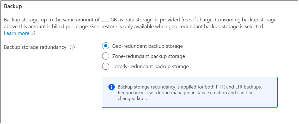 Captura de pantalla de la selección de la redundancia del almacenamiento de reserva en el Azure Portal para una instancia administrada.