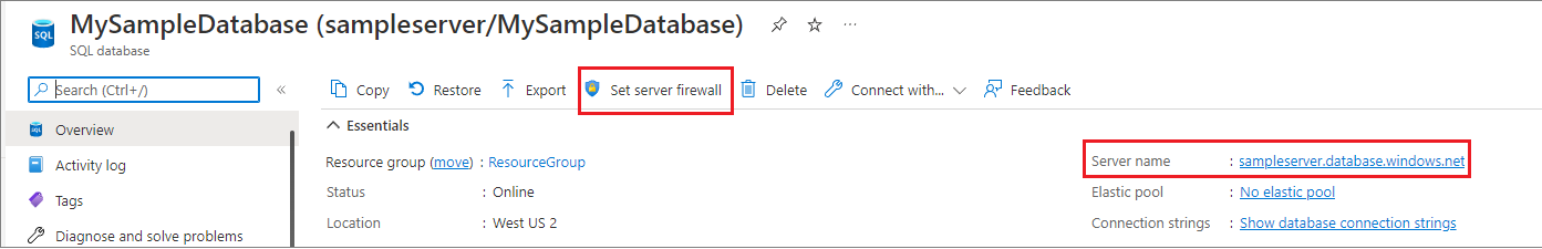 Captura de pantalla en la que se muestra dónde copiar el nombre del servidor y cómo establecer el servidor de seguridad en la barra de herramientas.