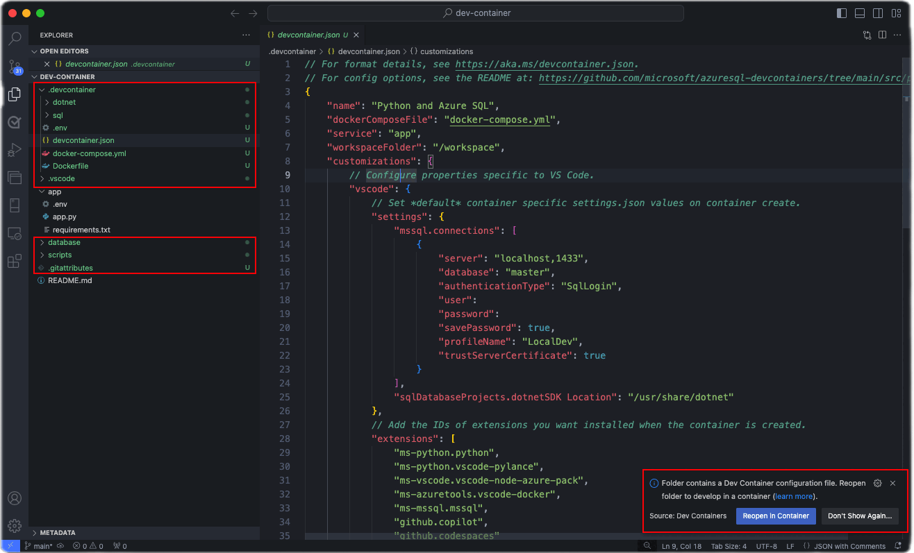 Captura de pantalla de Visual Studio Code que genera archivos de configuración para contenedores de desarrollo de Azure SQL.