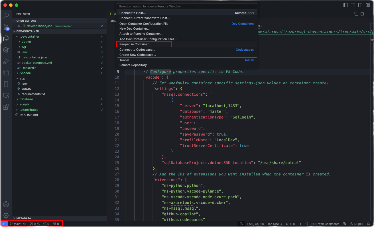Captura de pantalla del símbolo del sistema de Visual Studio Code para volver a abrir el proyecto en el contenedor.