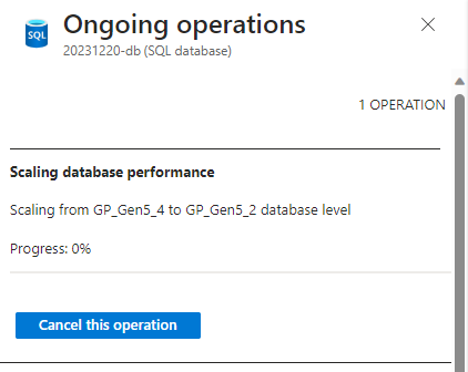Captura de pantalla de Azure Portal en la que se muestra la página Operaciones en curso y el botón Cancelar esta operación.