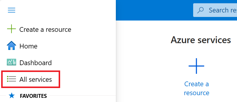 Captura de pantalla del menú principal del Azure portal con el elemento de menú todos los servicios resaltado.