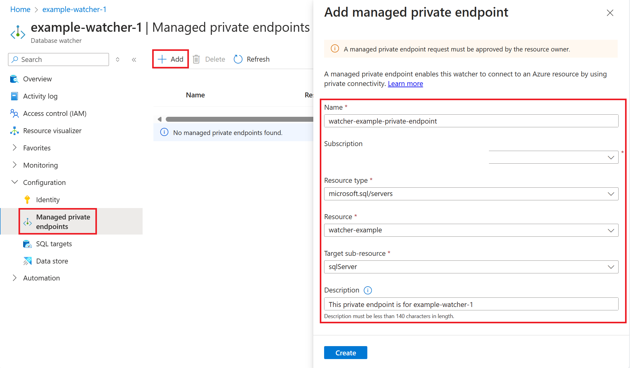 Captura de pantalla de la página de puntos de conexión privados administrados de un monitor de base de datos que muestra un punto de conexión privado listo para crear para un servidor lógico de Azure SQL.