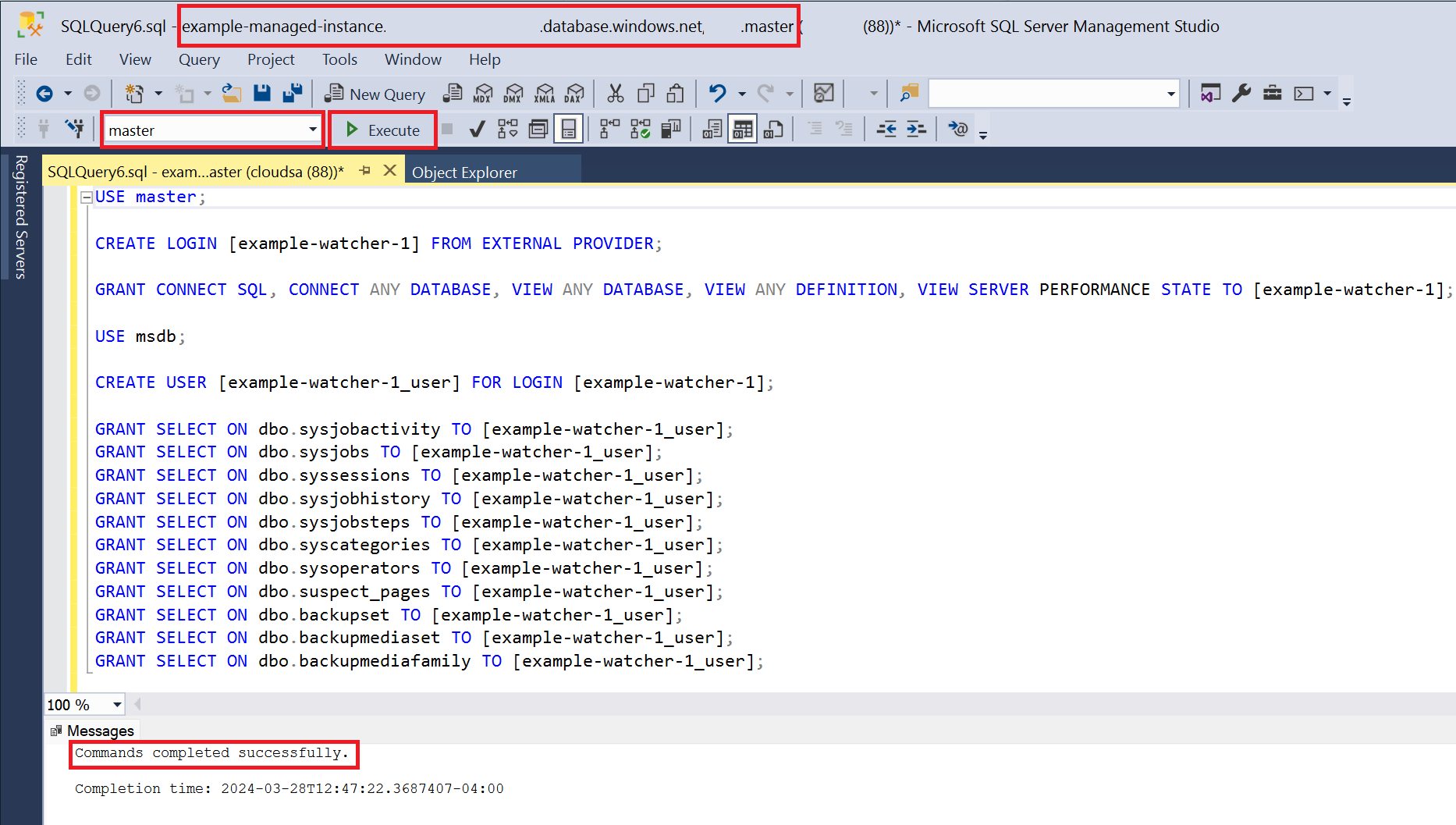 Captura de pantalla de un período de consulta de SQL Server Management Studio conectada a la base de datos maestra en una Azure SQL Managed Instance, que muestra un script T-SQL ejecutado correctamente que concede acceso a un monitor de base de datos.