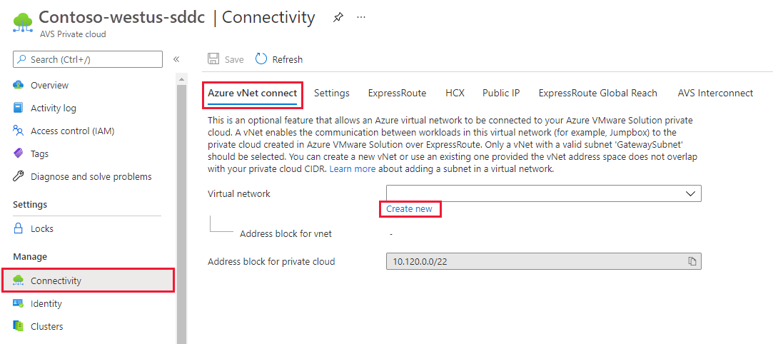 Captura de pantalla que muestra la pestaña Conexión de red virtual de Azure y el vínculo para crear una nueva red virtual.