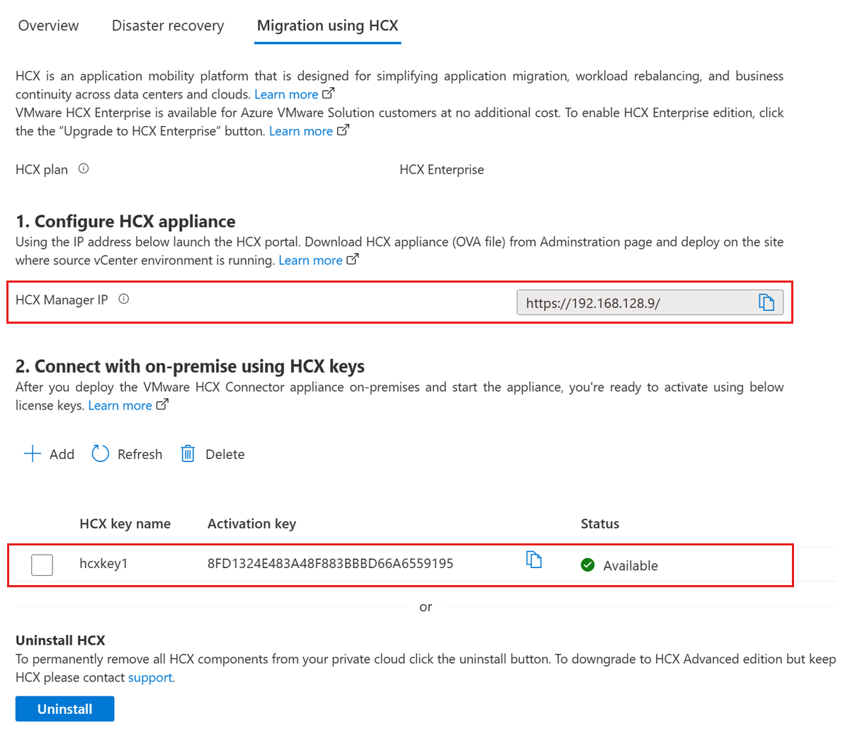 Captura de pantalla que muestra la pestaña Migración mediante VMware HCX en Conectividad.