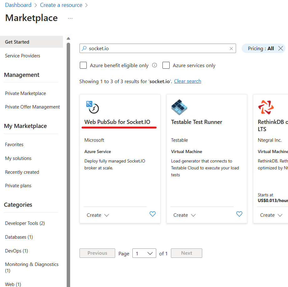 Captura de pantalla del servicio Web PubSub para Socket.IO en Marketplace.