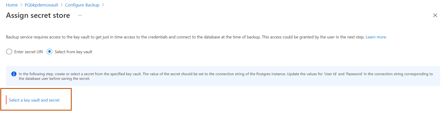 Captura de pantalla que muestra las selecciones para asignar un almacén de secretos.