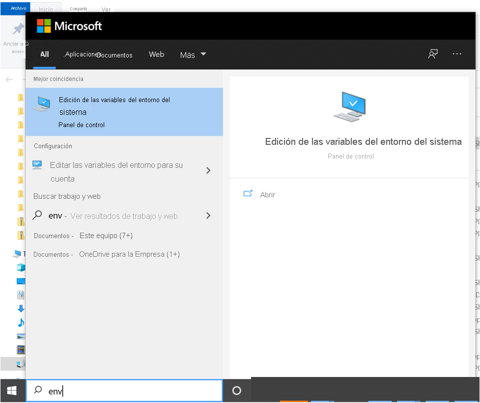 Captura de pantalla que muestra una búsqueda del elemento Panel de control para editar las variables de entorno del sistema.