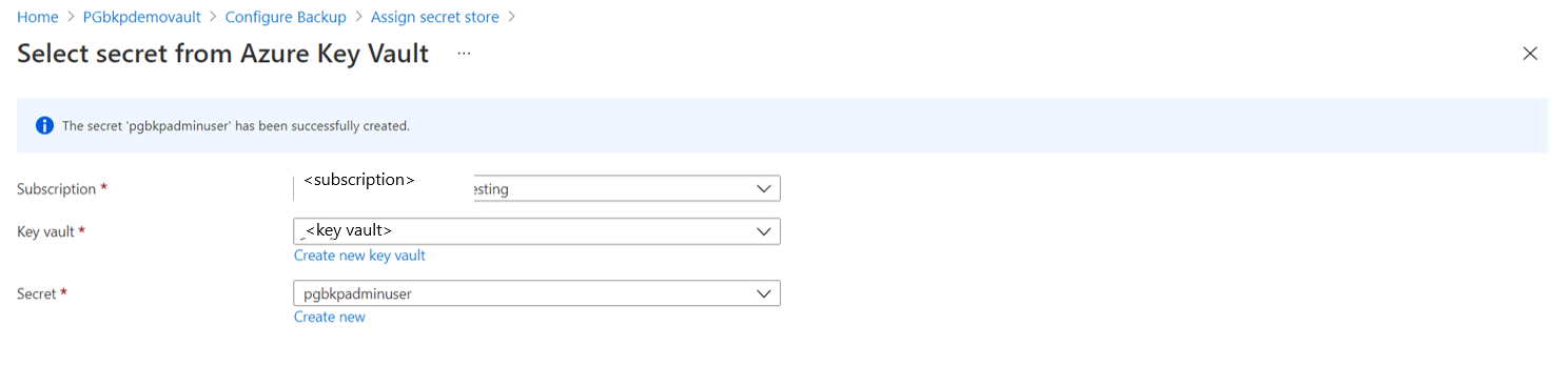 Captura de pantalla que muestra la selección de un secreto de Azure Key Vault.