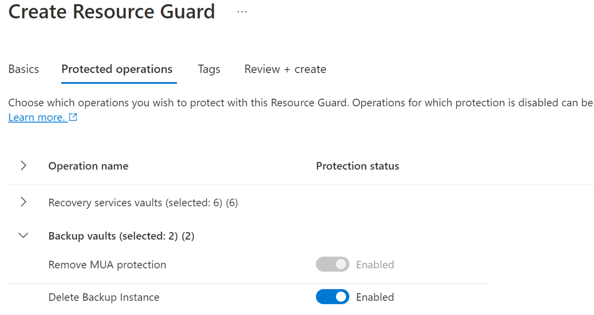 Captura de pantalla que muestra cómo seleccionar las operaciones que se van a proteger con la protección de recursos.