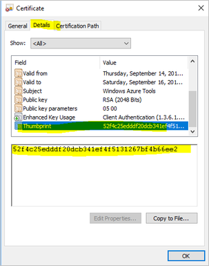 Captura de pantalla que muestra el campo de huella digital del certificado.
