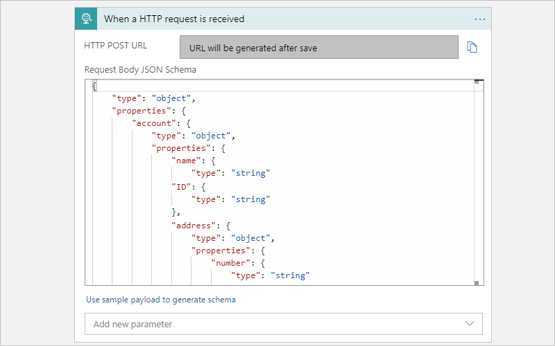 Captura de pantalla que muestra el flujo de trabajo de consumo y el desencadenador de solicitud con un esquema JSON de ejemplo.