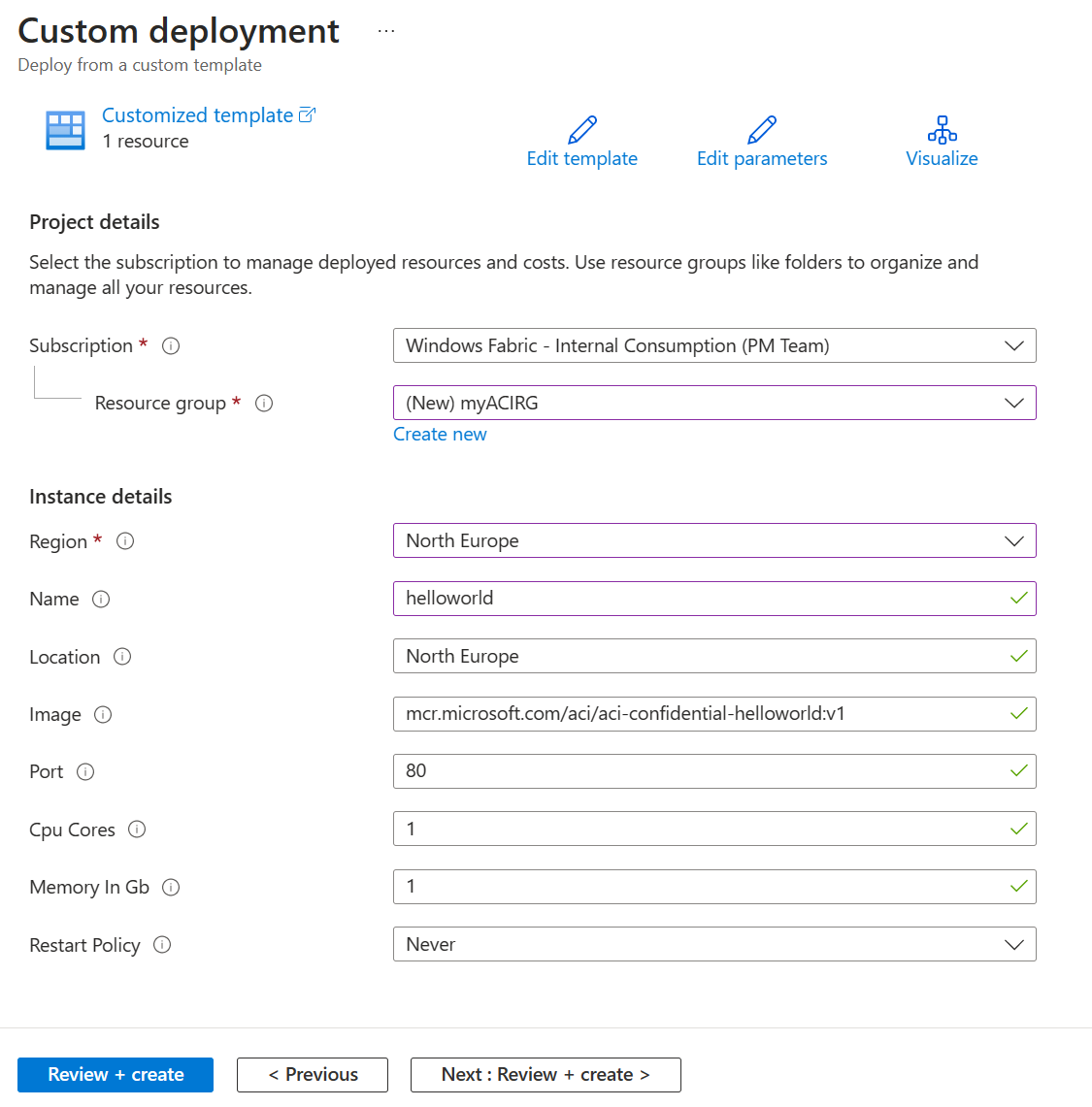 Screenshot of details for a custom ARM template deployment.