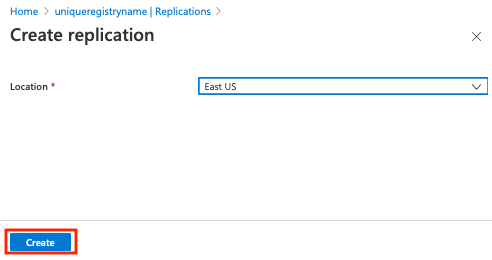 Interfaz de usuario de Crear replicación en Azure Portal