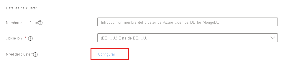 Captura de pantalla de la opción configurar clúster para un nuevo clúster de Azure Cosmos DB for MongoDB.