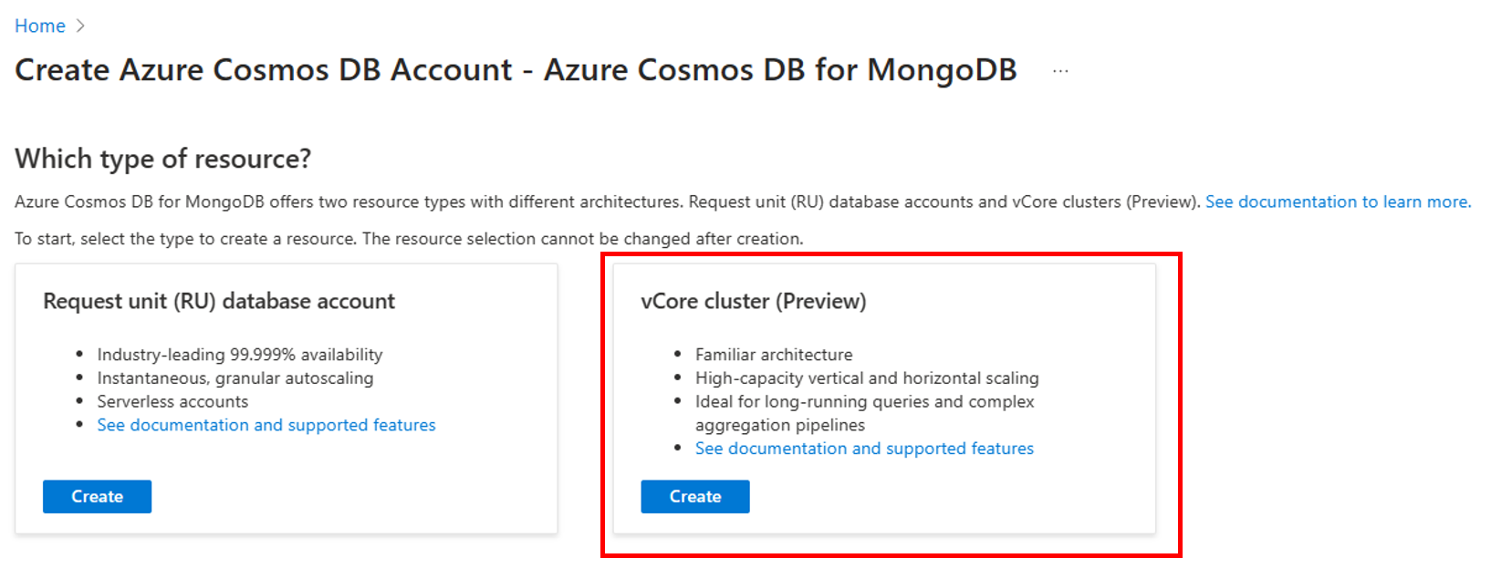 Captura de pantalla de la página de opciones de selección de tipo de recurso para Azure Cosmos DB for MongoDB.